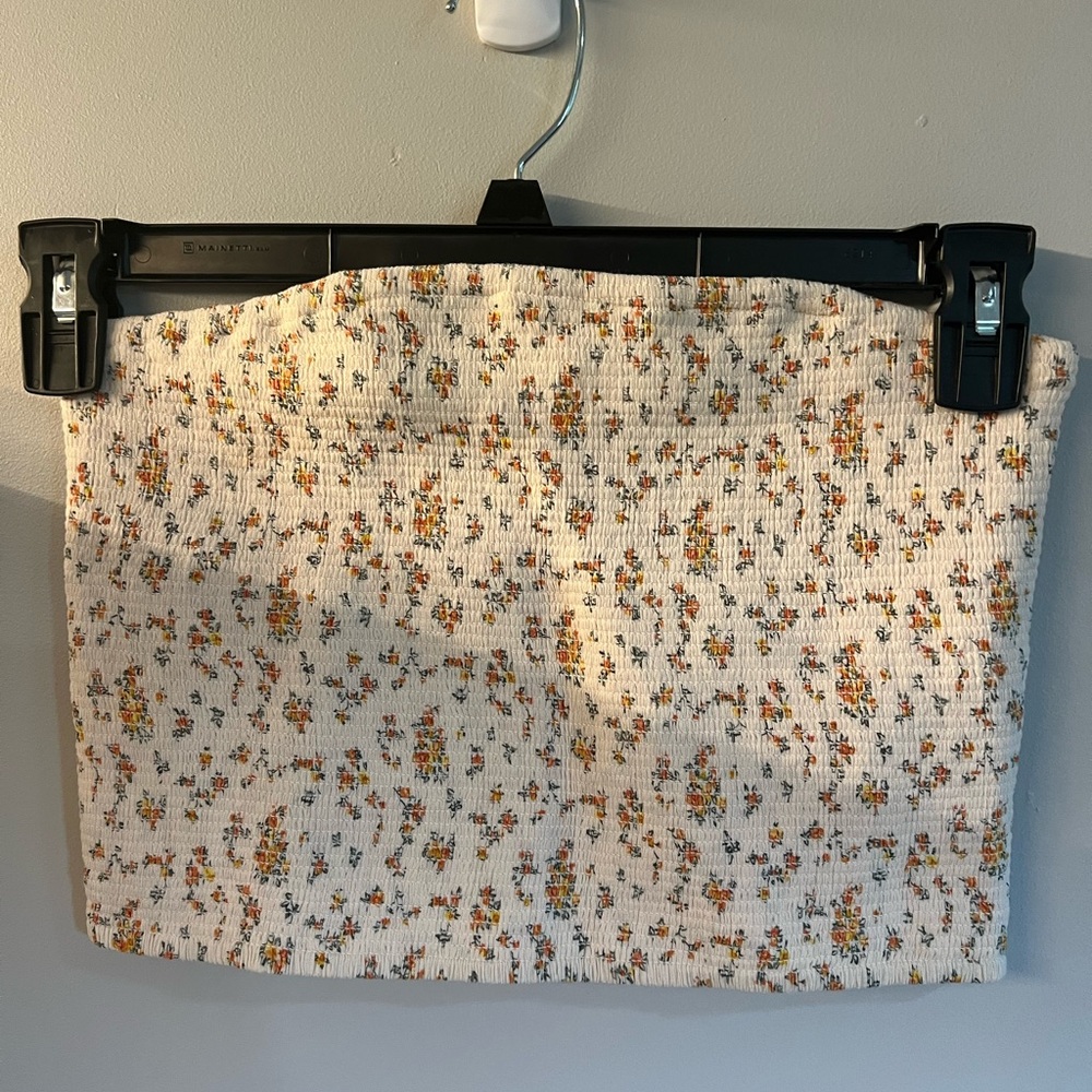 American Eagle Outfitters Cream Ribbed Tube Top with Orange & Yellow Floral Dots